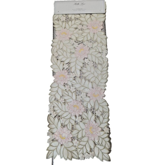 Bella Lux Cut Table Runner Embroidered Pink Floral Cream Tan 13 x 68-inch Gift - Picture 7 of 9